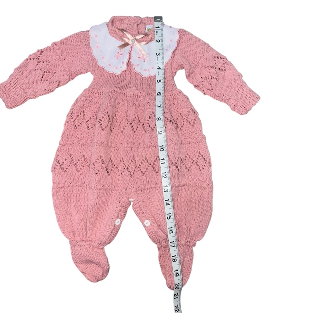 EUC Vintage Pink Knit Baby One-Piece Romper Peter Pan Collar Pink Bow 3-6 Month - Picture 5 of 6